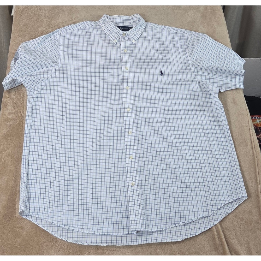 Vintage Polo Ralph Lauren Polo‎ Shirt Men 2XB Big Blue Plaid Pleated S/S EUC